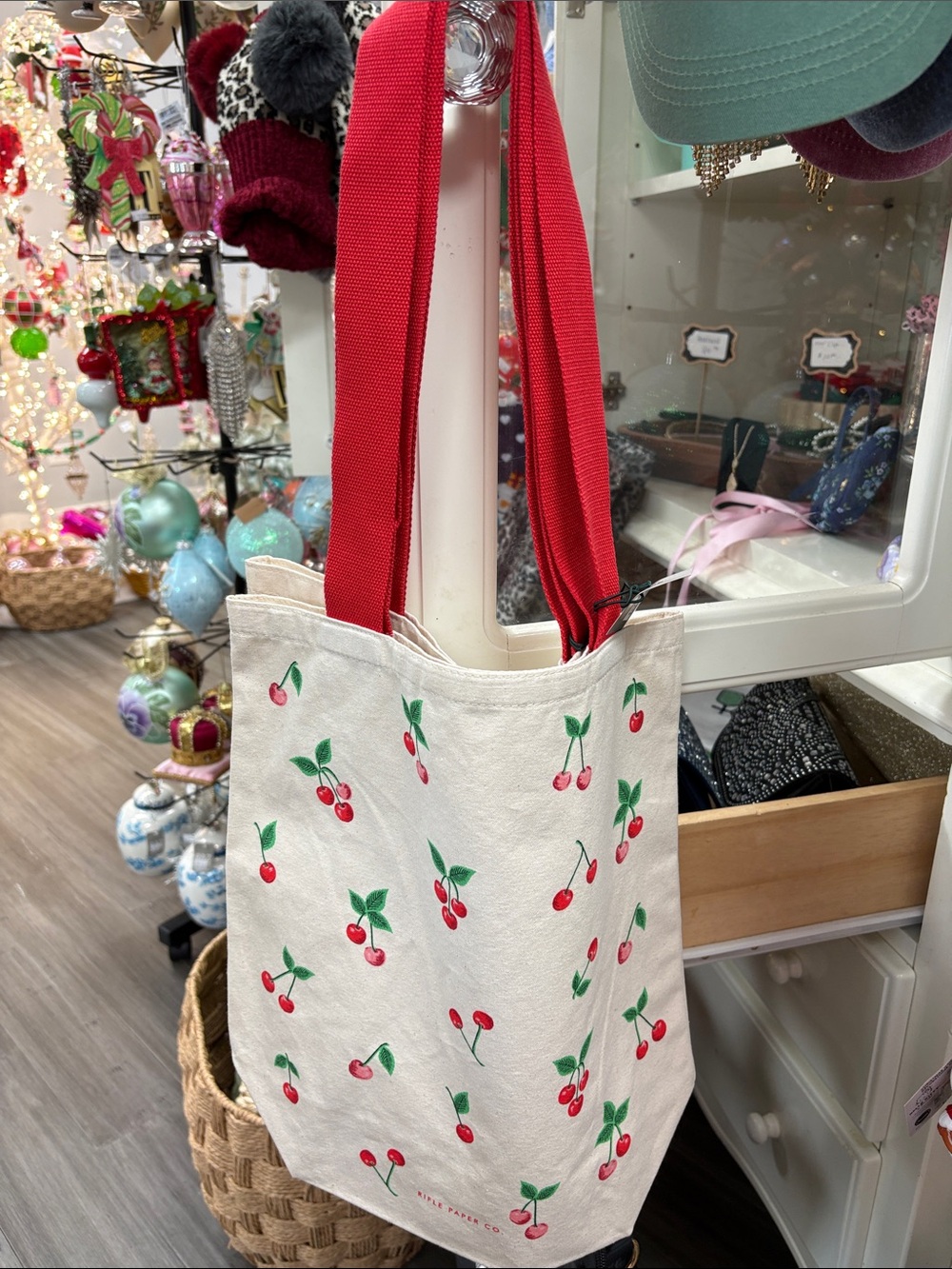 Rifle paper co Cherry Print Tote Bag with Red Straps